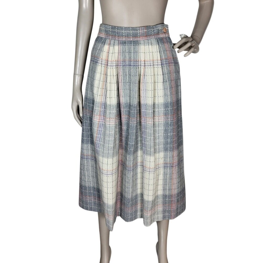 VTG 70s Wool Blend Grey Pink Plaid Tweed Midi Secretary Academia Librarian Skirt